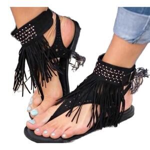 Gorgeous Black Boho Tassel Fringe Studded Ankle Strap Flat Sandals